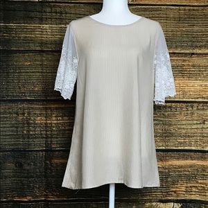 Taupe Striped Top w Lace Sleeves